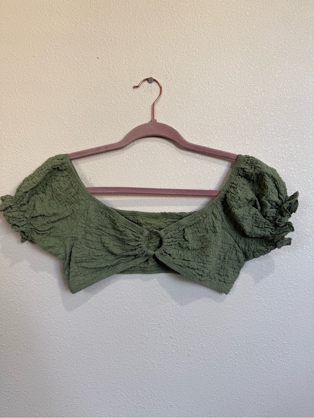 Sage Green Textured Two Piece Beach Set Wrap Skirt Puff Sleeve Top - Picture 6 of 11